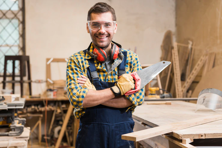 Portrait Smiling Male Carpenter Holding Handsaw Looking Camera 23 2147944898