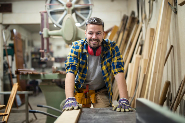 Portrait Young Motivated Carpenter Standing By Woodworking Machine His Carpentry Workshop 342744 823