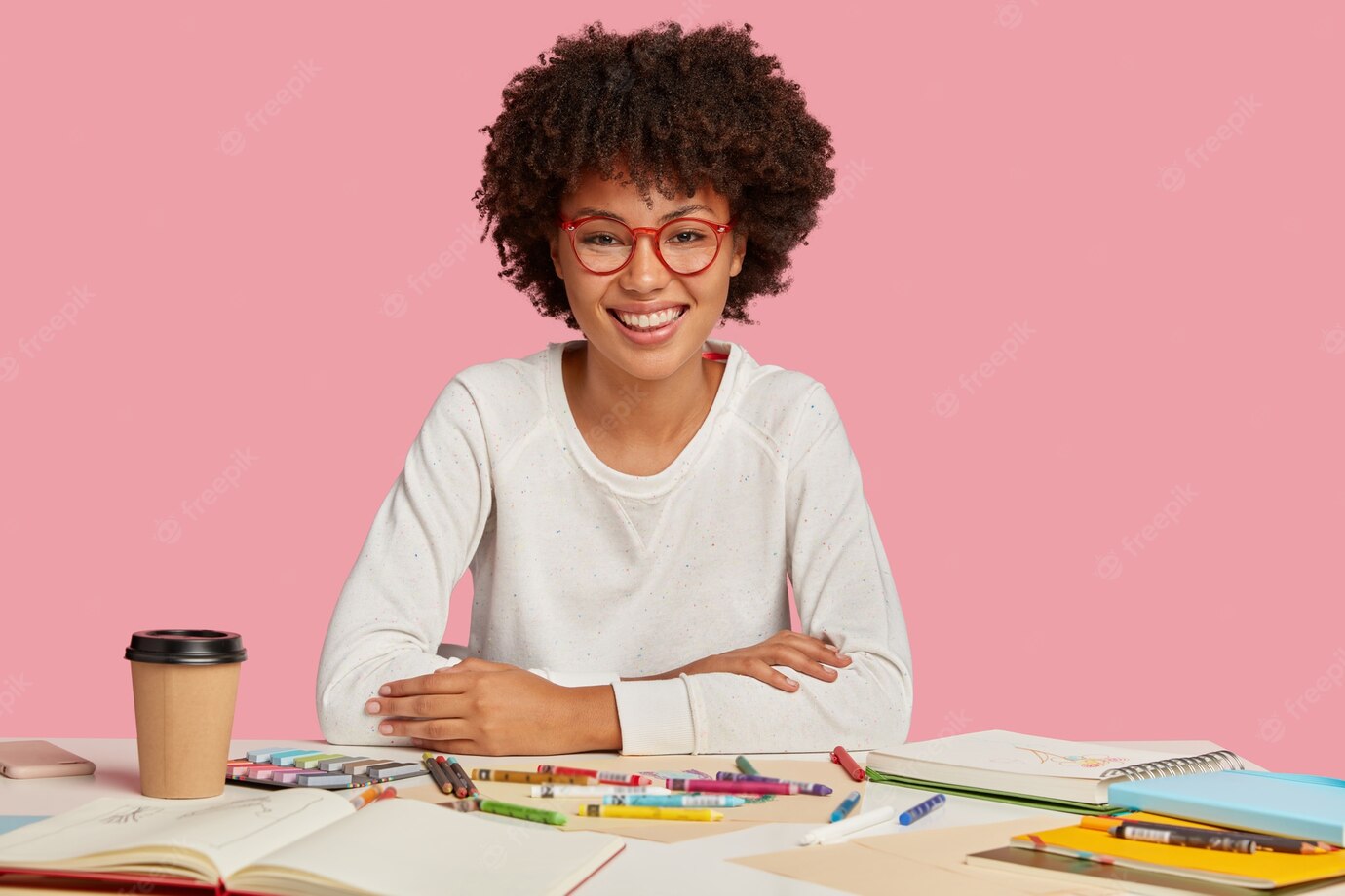 Positive Female Multiplier With Afro Haircut Pleasant Smile Face Enjoys Her Work Has Real Talent Making Illustrations Enjoys Hot Beverage Isolated Pink Wall Creativity Concept 273609 29535