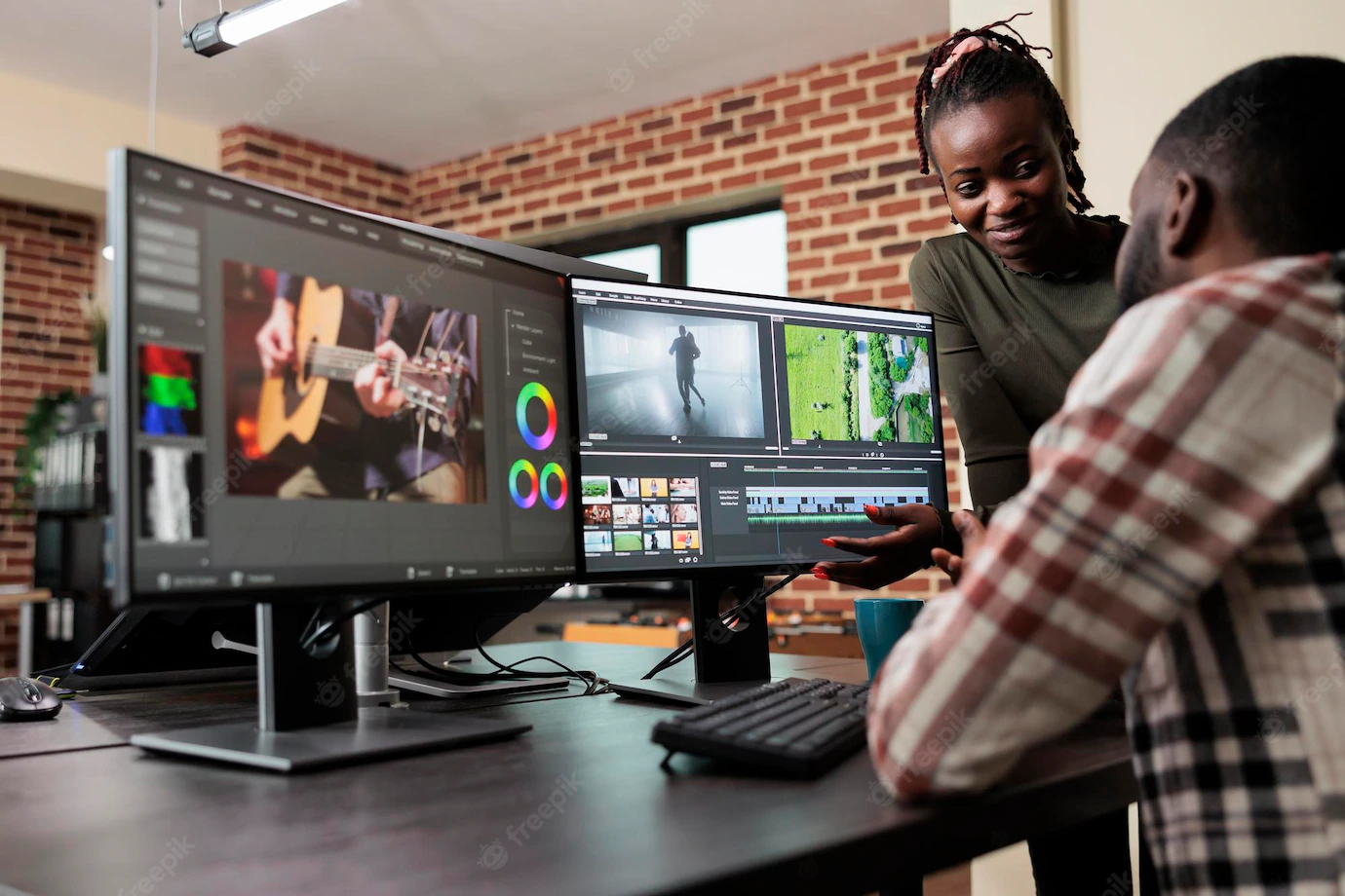 Post Production Department Leader Advising Colleague Improve Colors Frames Quality Footage Creative Professional Video Editors Collaborating Order Finish Film Project Upon Deadline 482257 41682