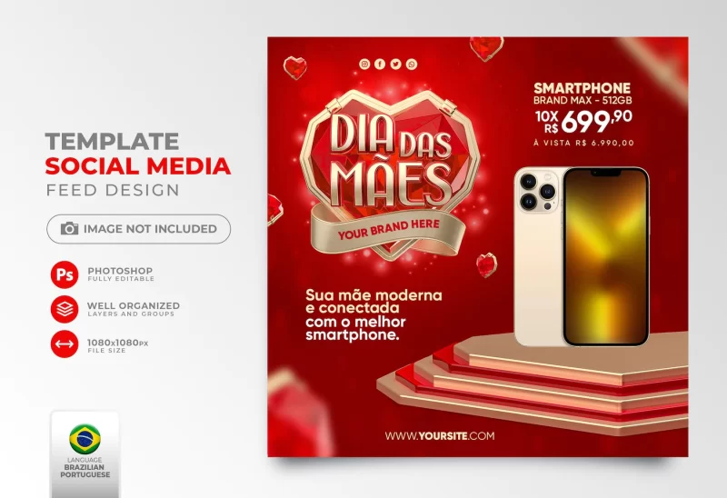 Social media happy mother’s day in 3d render for marketing campaign in brazil Free Psd