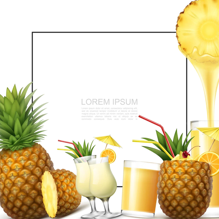 Realistic fresh pineapple fruit template with frame for text pina colada cocktails glasses of natural healthy juice Free Vector