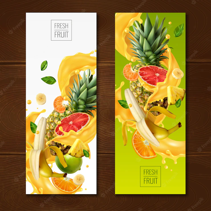 Realistic Fruits Juice Banners Collection With Compositions Fruit Slices Leaves Gradient 1284 29396