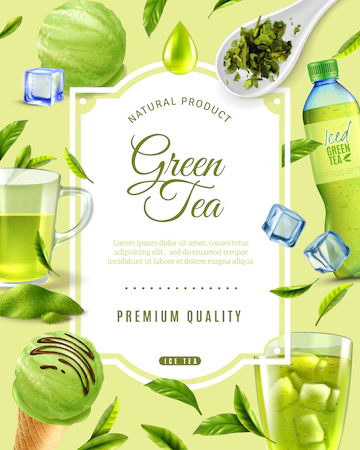 Realistic Green Tea Frame With Ornate Text Round Composition Various Tea Products Images Vector Illustration 1284 30566