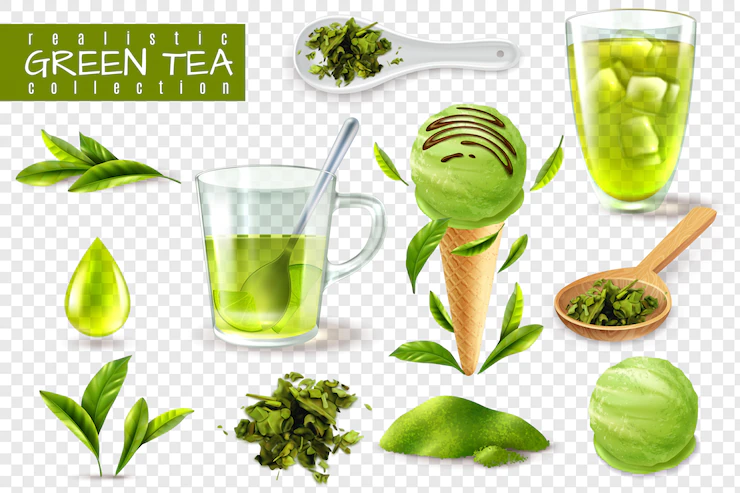 Realistic Green Tea Set With Isolated Images Cups Spoons Natural Leaves Vector Illustration 1284 30568