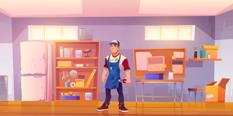 Repairman in garage with equipment for carpentry Free Vector