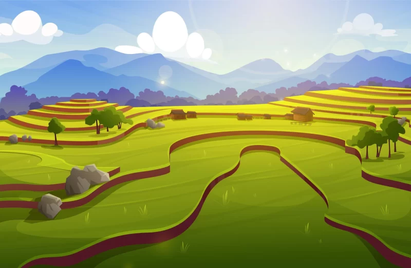 Rice field terraces Asian paddy with farm houses Free Vector