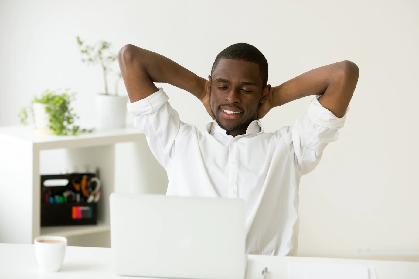 Satisfied Happy African American Man Relaxing With Coffee Laptop 1163 3905