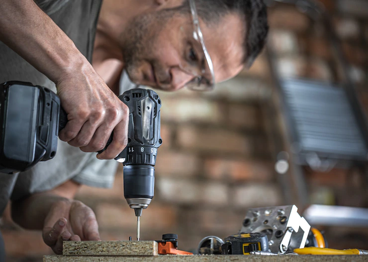 Screwing Self Tapping Screw Into Metal Fastening Hole Wood Strip Using Screwdriver Work Carpenter 169016 12952