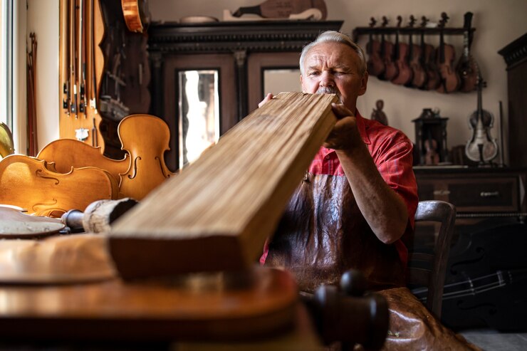 Senior Carpenter Craftsman Checking Wood Plank Quality Before Work 342744 1422