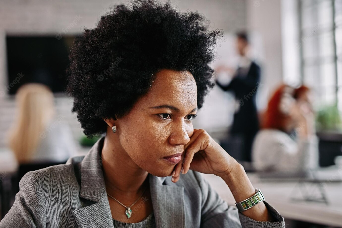 Serious African American Businesswoman Thinking Something While Being Office 637285 1107