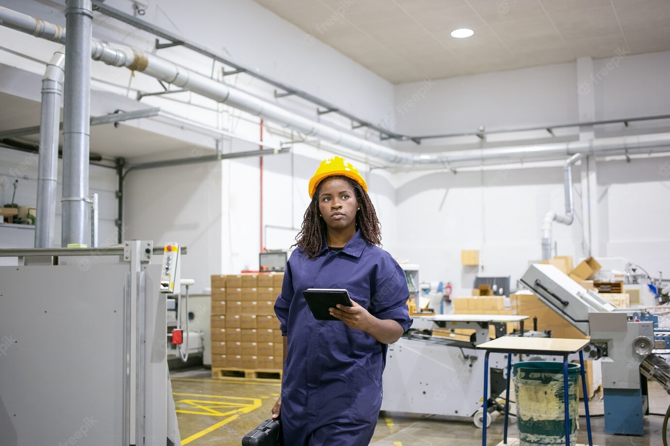 Serious African American Female Worker Protective Uniform Walking Workplace Plant Floor Holding Tablet Case With Tools 74855 16438