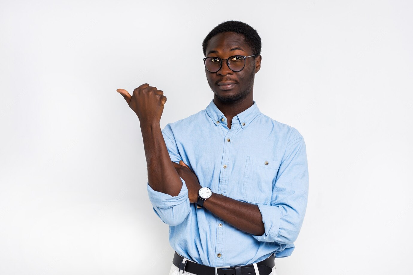 Serious Handsome Man Glasses Points With His Finger Isolated White Wall 496169 1027