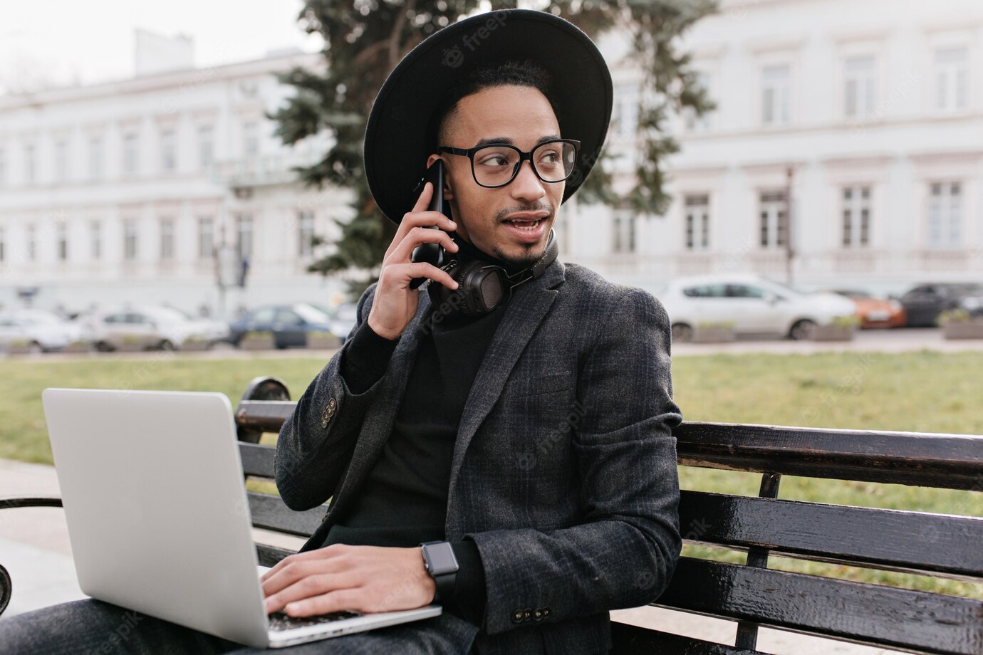 Serious Young Businessman Talking Phone While Working With Computer Park Outdoor Photo Busy African Guy Using Laptop Square 197531 21888