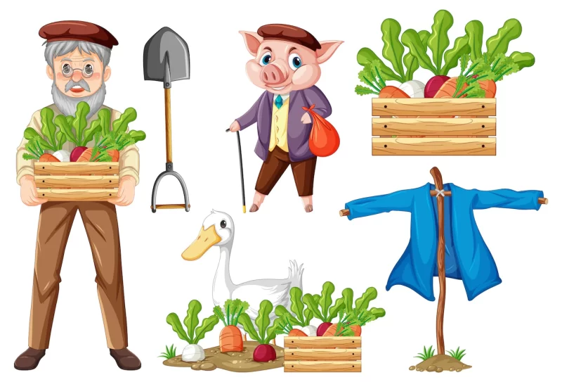 Set of farm objects and farmer cartoon character Free Vector