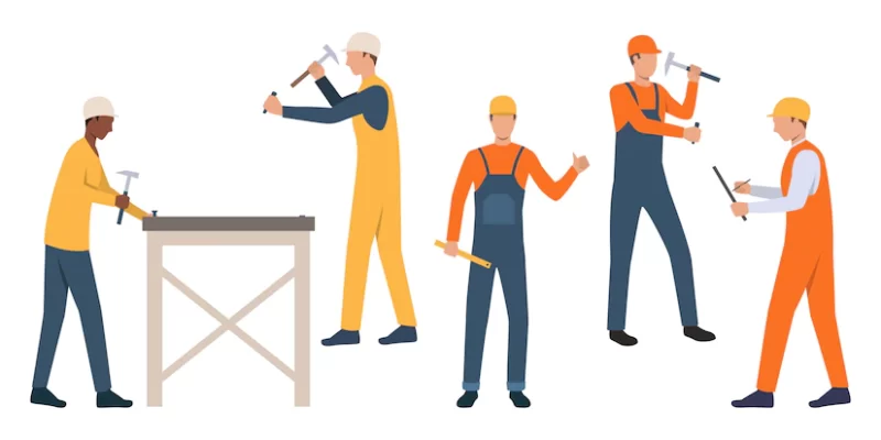 Set of workmen in hardhats Free Vector