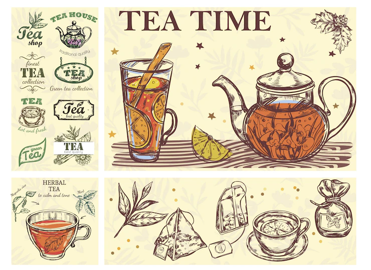 Sketch Tea Time Colorful Concept With Glass Cup Teapot Beverage Herbs Bags Tea Labels 1284 38681