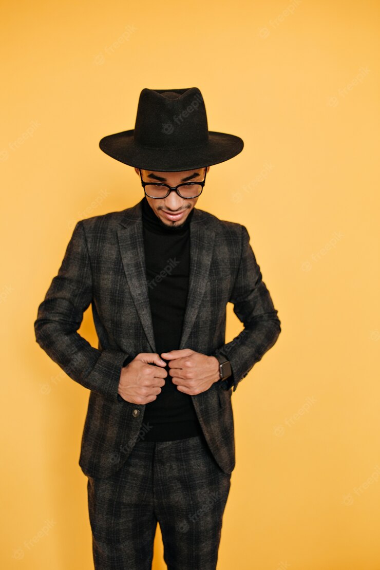 Slim African Man Big Black Hat Posing Elegant Suit Indoor Photo Glad Mulatto Guy Gray Attire Isolated Yellow Wall 197531 21955