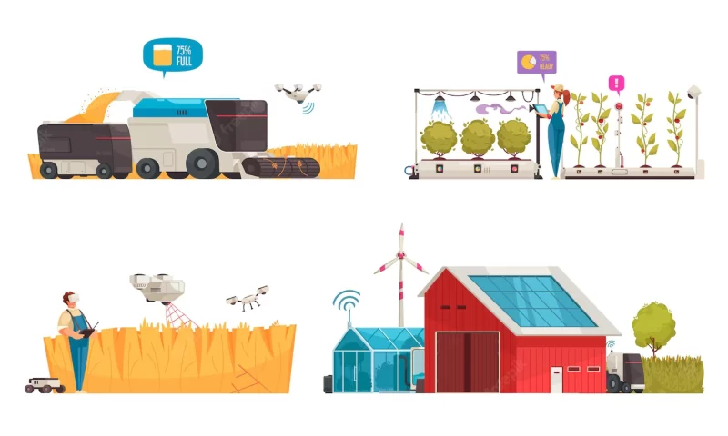 Smart farm set with isolated compositions of automated vehicles for clean energy illustration Free Vector