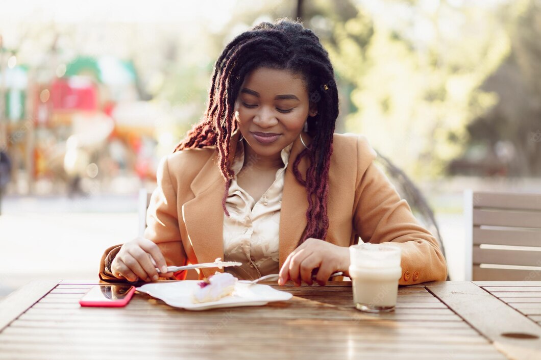 Smiling African American Woman Drinking Coffee Eating Dessert Outdoor Cafe 93675 133007