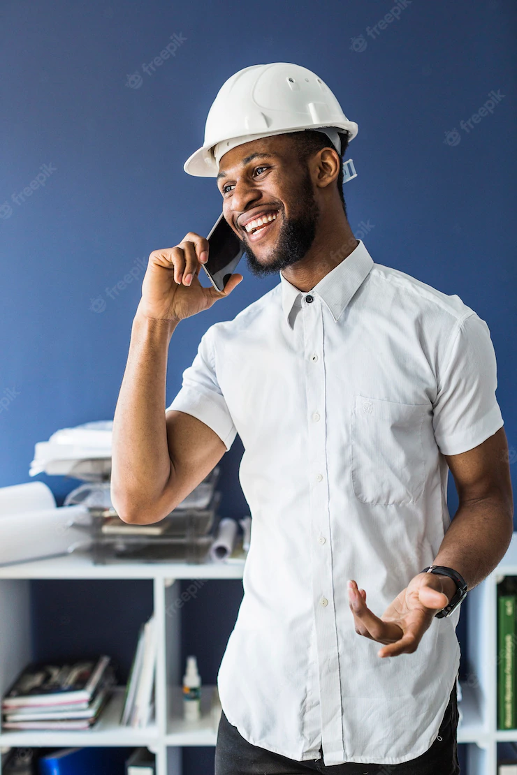 Smiling African Architect Talking Mobile Phone Office 23 2147842924