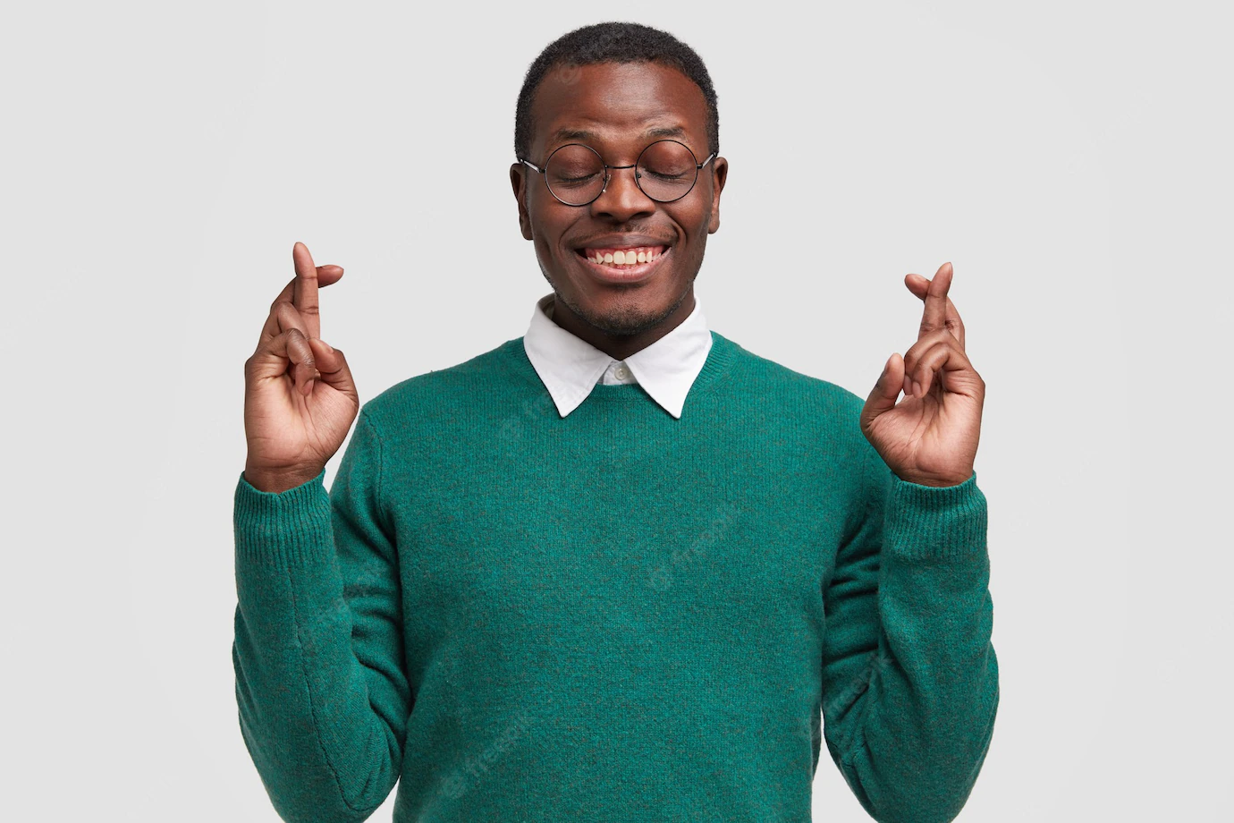 Smiling Afro American Man Prays Fullfilment His Wish Crosses Fingers Wishes Good Luck 273609 24438