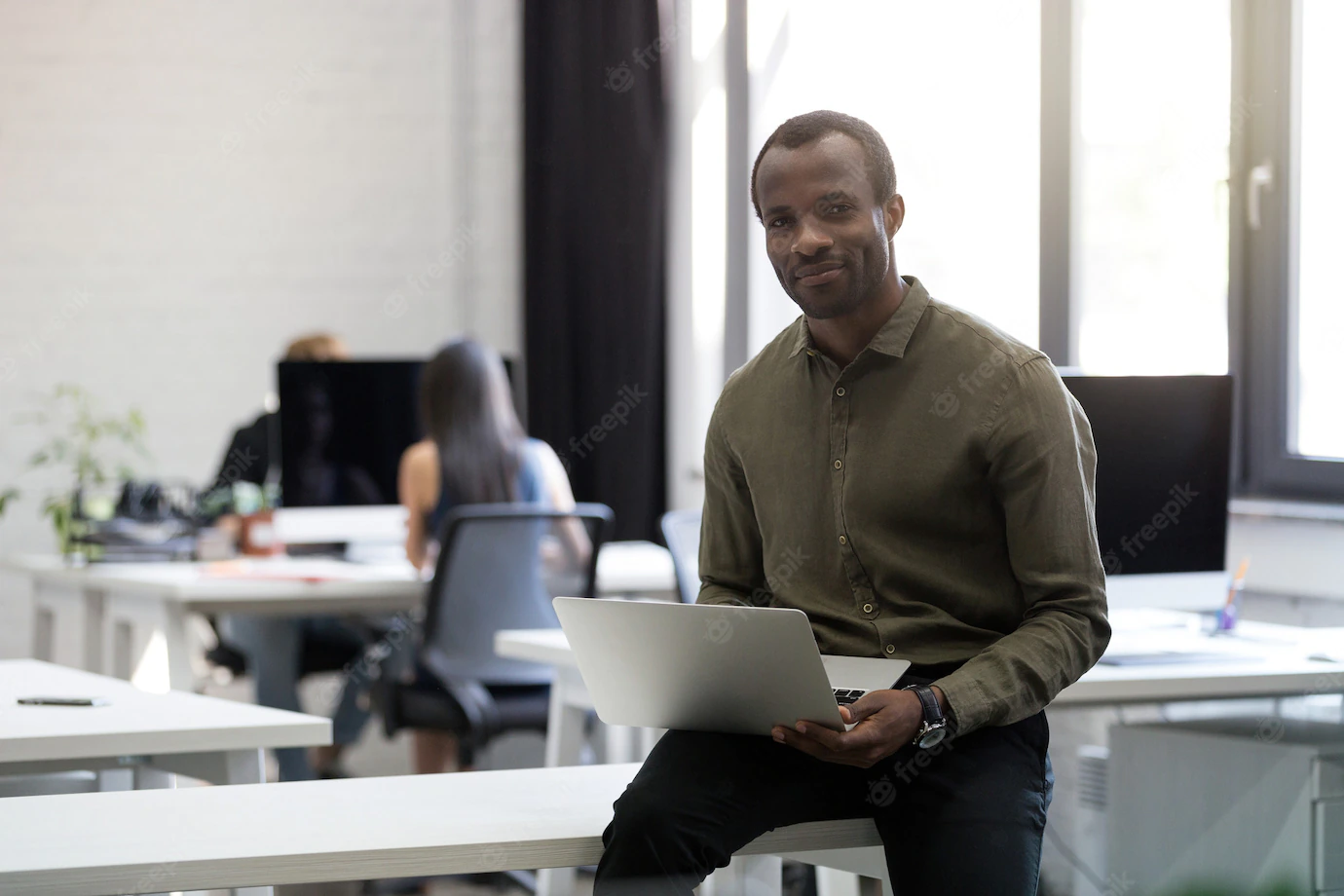 Smiling Happy Afro American Businessman Sitting His Desk 171337 7276