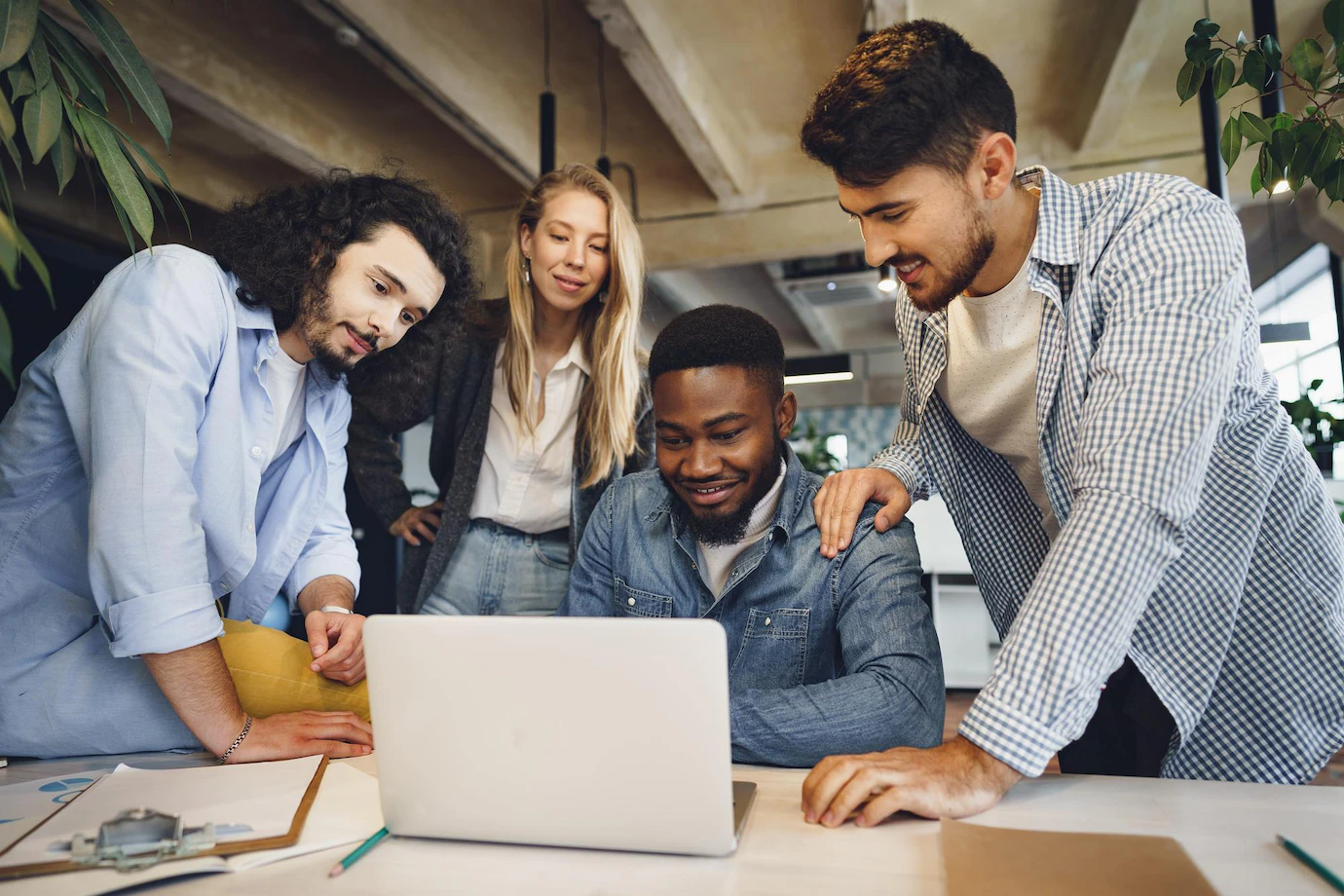 Smiling Multiracial Coworkers Working Together Office Meeting Have Discussion 93675 134809