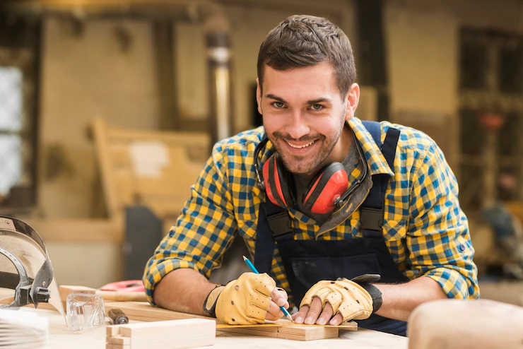 Smiling Portrait Male Carpenter Taking Measurement With Ruler Pencil Wooden Block 23 2147945067