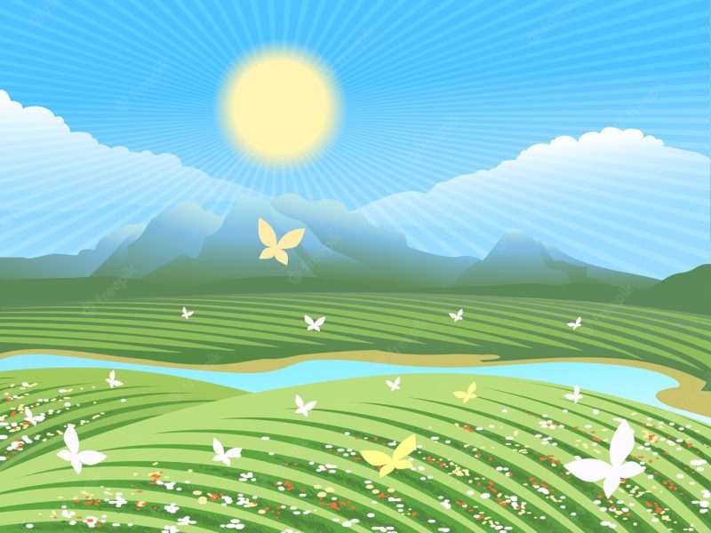 Spring farm landscape. green field on the hills with flowers and butterflies near the river. Free Vector