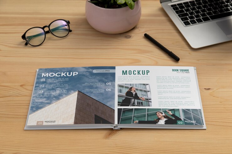 Square book mock-up on wooden office desk with laptop and eyeglasses Free Psd
