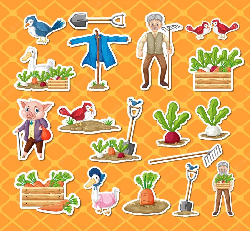 Sticker pack of farm objects and old farmer cartoon characters Free Vector