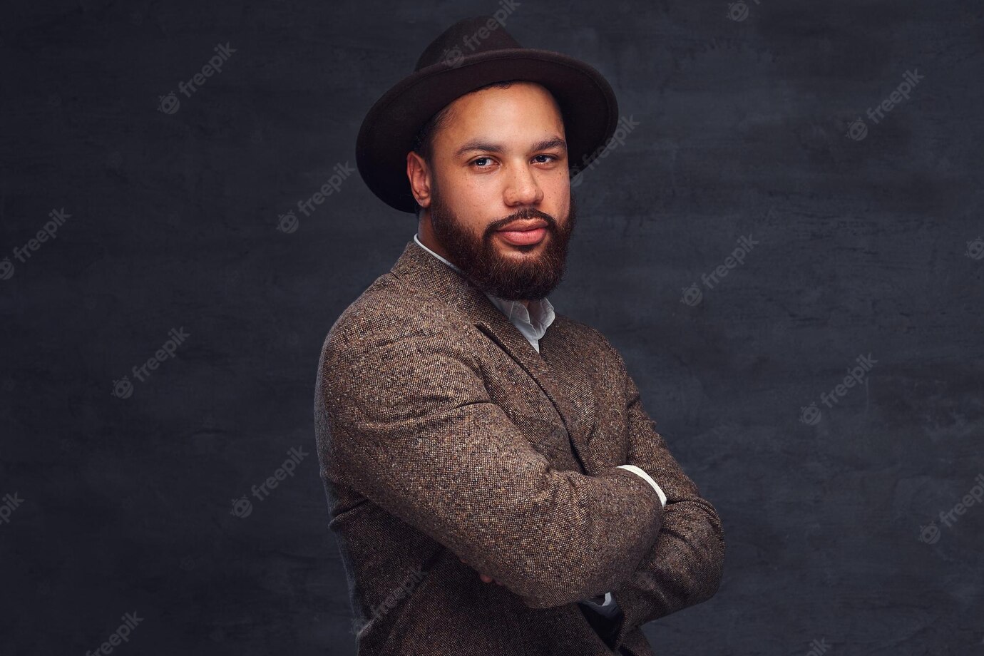 Studio Portrait Handsome Afro American Male Elegant Brown Jacket Hat Isolated Dark Background 613910 6582