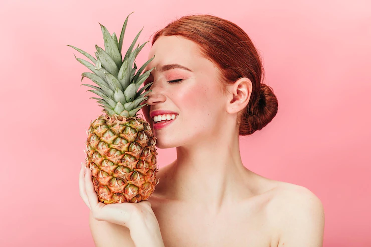 Stunning Ginger Girl Holding Pineapple With Closed Eyes Studio Shot Gorgeous Caucasian Woman With Fruit Posing Pink Background 197531 29823