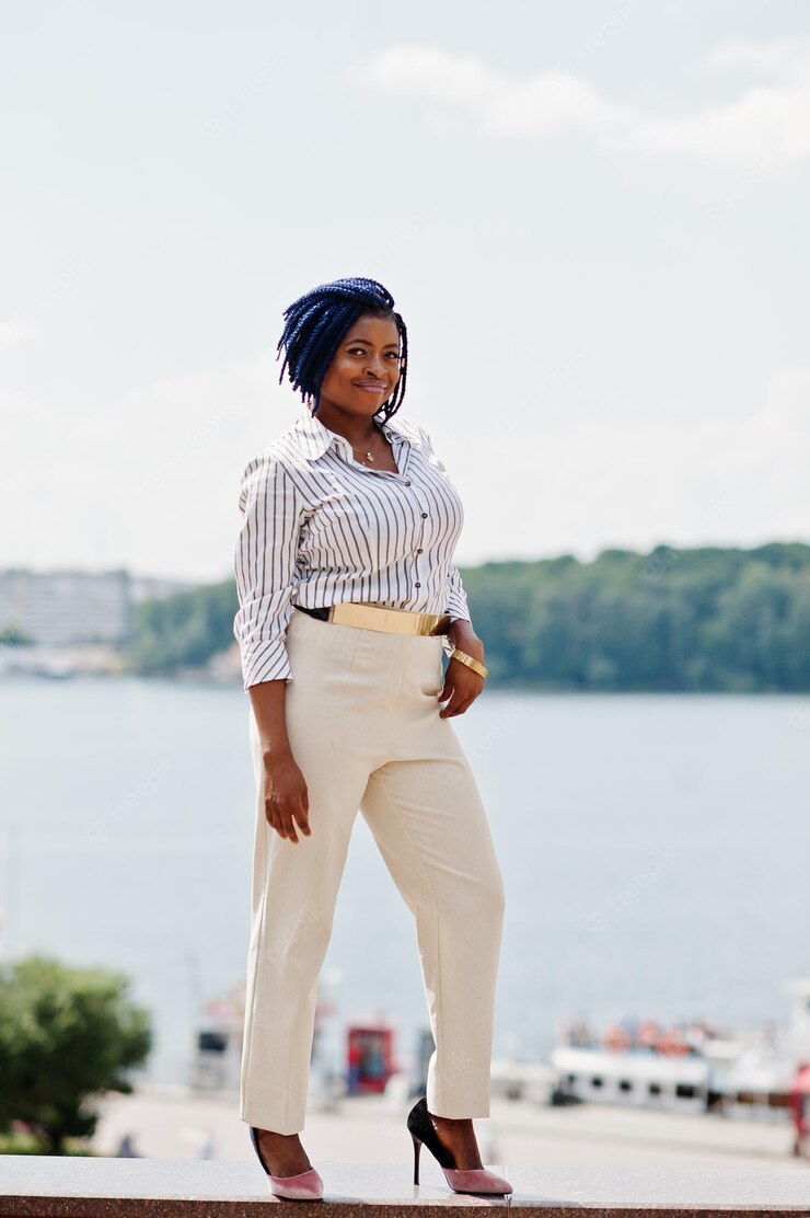 Stylish African American Business Woman Trousers Blouse Posed Outdoor Against Lake 627829 3154