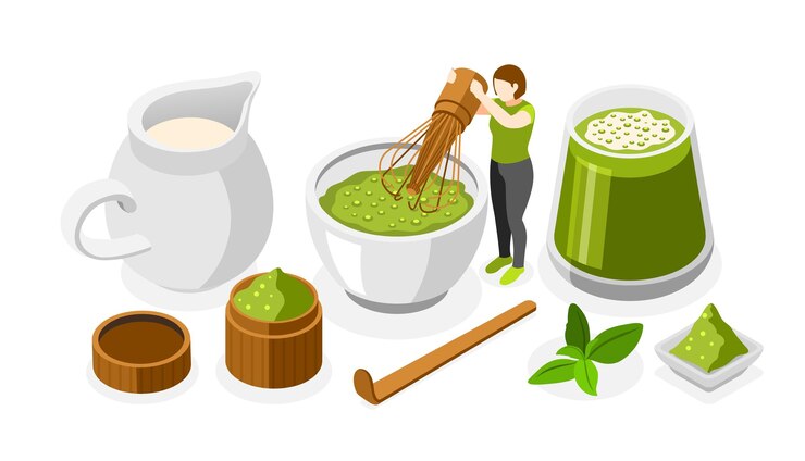 Tea Day Set With Green Matcha Tea Symbols Isometric Vector Illustration 1284 71336