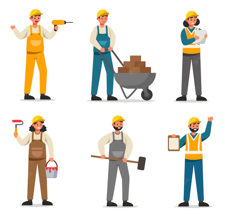 Team of builders and contractor industrial workers standing together in job site. the foreman holds the work plan to order the workers to construct according to the plan. vector flat illustration Free Vector