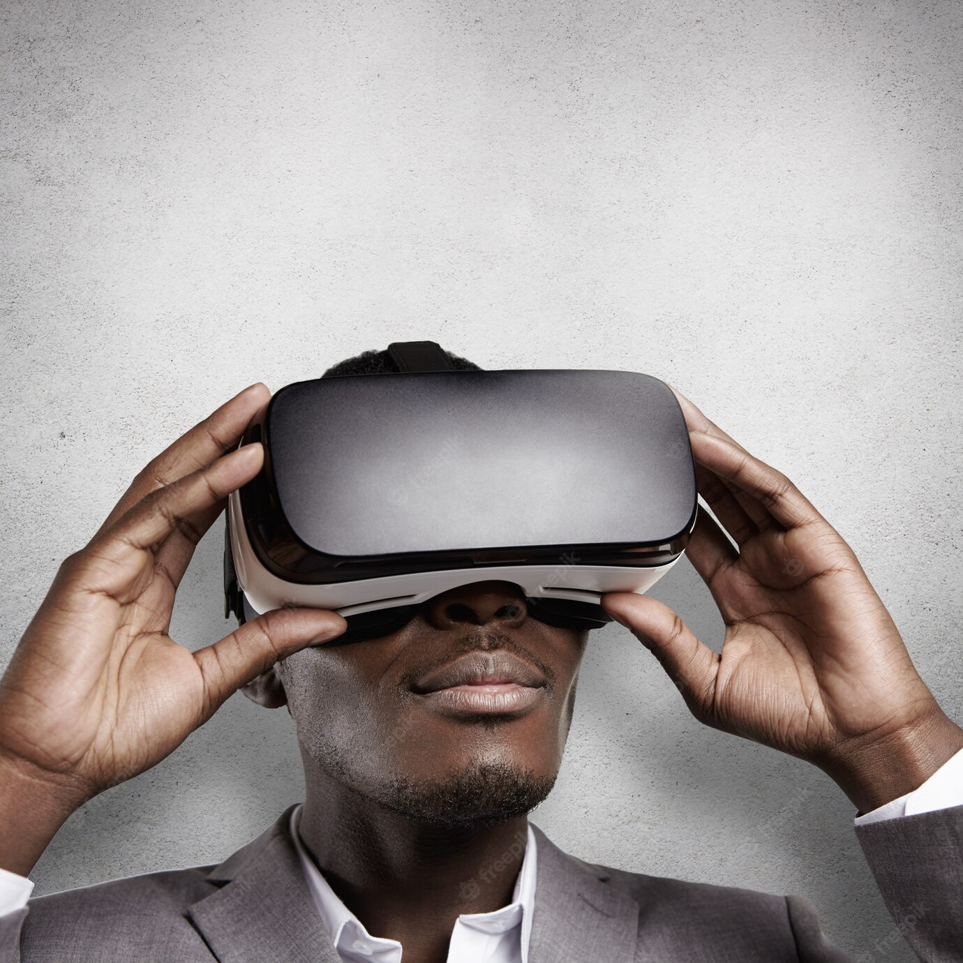 Technology Entertainment African Office Worker Formal Wear Experiencing Virtual Reality Wearing Vr Headset Glasses 273609 5666