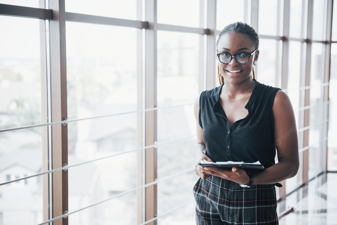 Thoughtful African American Business Woman Wearing Glasses Holding Documents 146671 15760