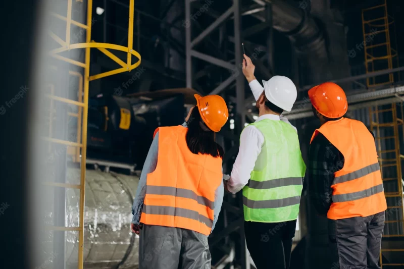 Three factory workers in safety hats discussing manufacture plan Free Photo