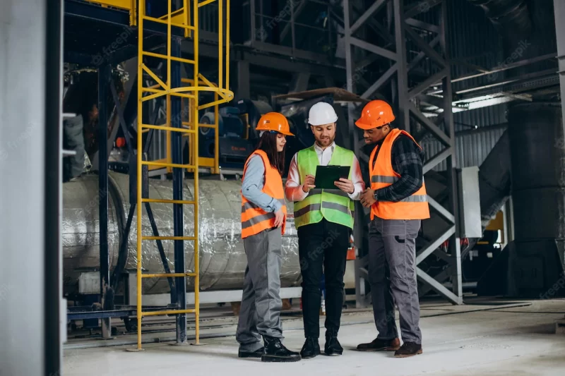 Three factory workers in safety hats discussing manufacture plan Free Photo