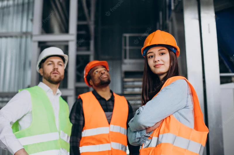 Three factory workers in safety hats discussing manufacture plan Free Photo