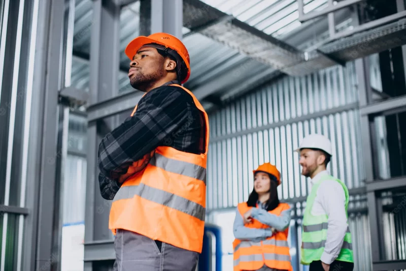 Three factory workers in safety hats discussing manufacture plan Free Photo