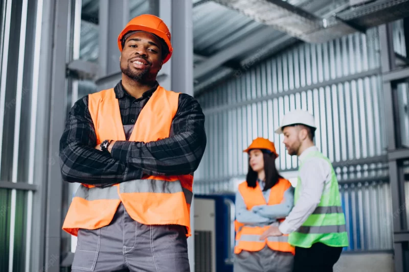 Three factory workers in safety hats discussing manufacture plan Free Photo