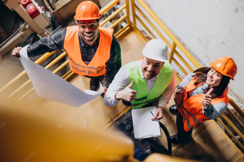 Three factory workers in safety hats discussing manufacture plan Free Photo