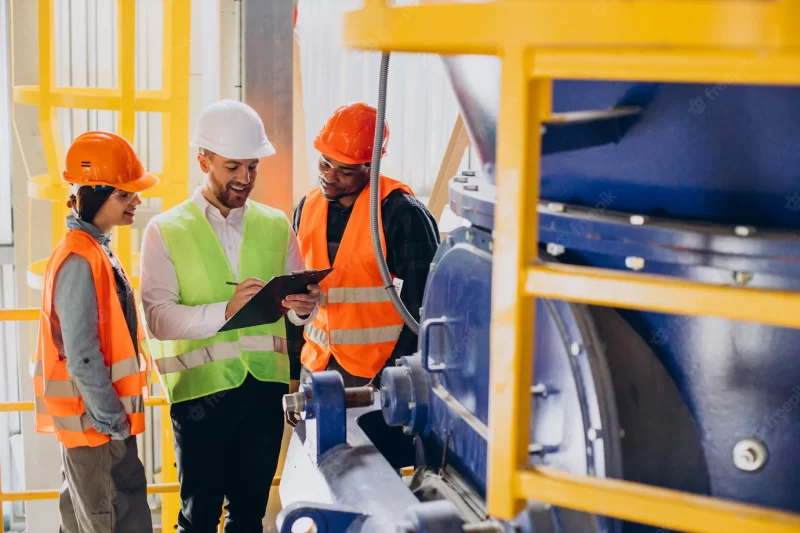 Three people discussing a plan at a factory Free Photo