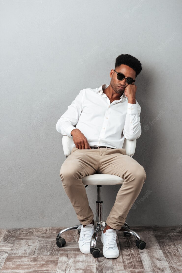 Tired Afro American Man Sunglasses Sitting Chair 171337 12916