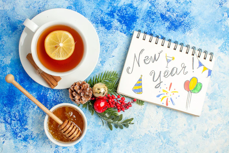 Top View Cup Tea New Year Written Notebook Honey Bowl Blue Table 140725 130362