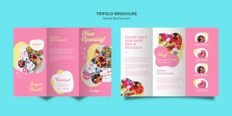 Trifold brochure in pink tones for candy store Free Psd