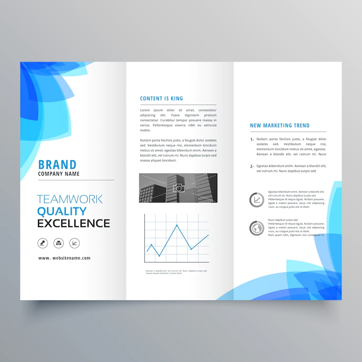 Trifold brochure template design with abstract blue shapes Free Vector